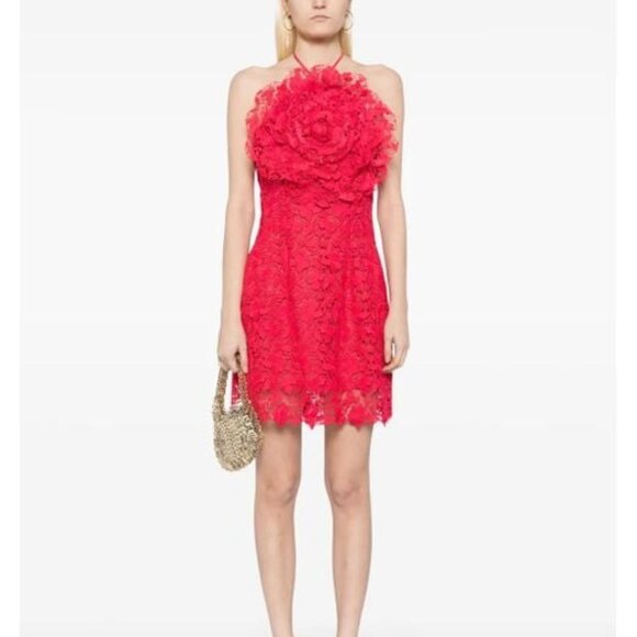 NEW OSCAR DE LA RENTA Women's Floral-Appliqué Lace Minidress in Red, Size 0 - Picture 4 of 9
